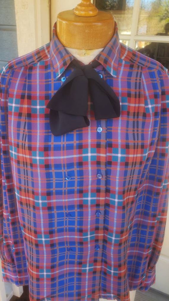 1980s plaid career blouse with pussy bow • M/L - image 6