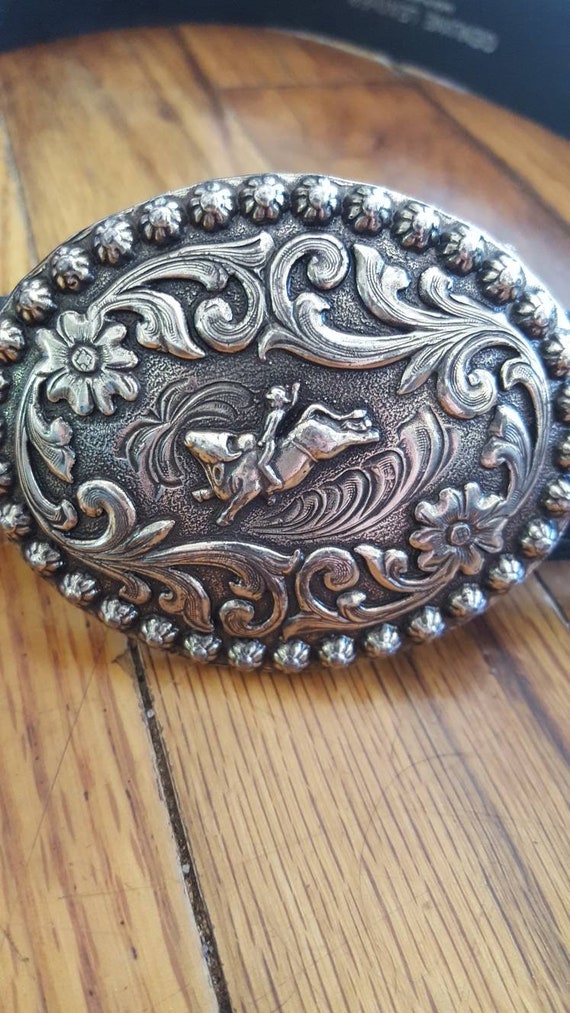 1990s Rodeo western silver tone belt buckle with b