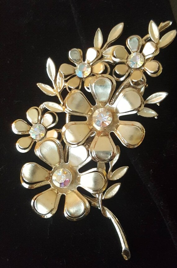 1950s brooches  brass crystal cherry blossom brooc