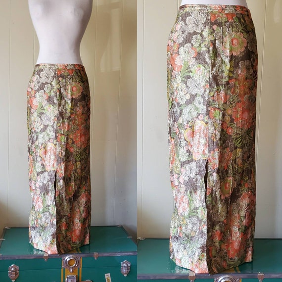 1960s Long Small Skirt Floral Boho Vintage Long Skirts Golden Floral Shiny Skirts Etsy