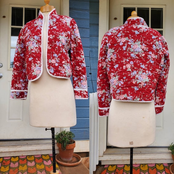 1970s red floral quilted jacket • small