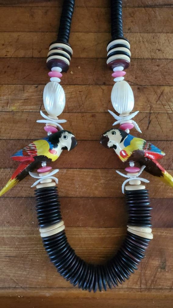1980s wooden handmade parrot necklace