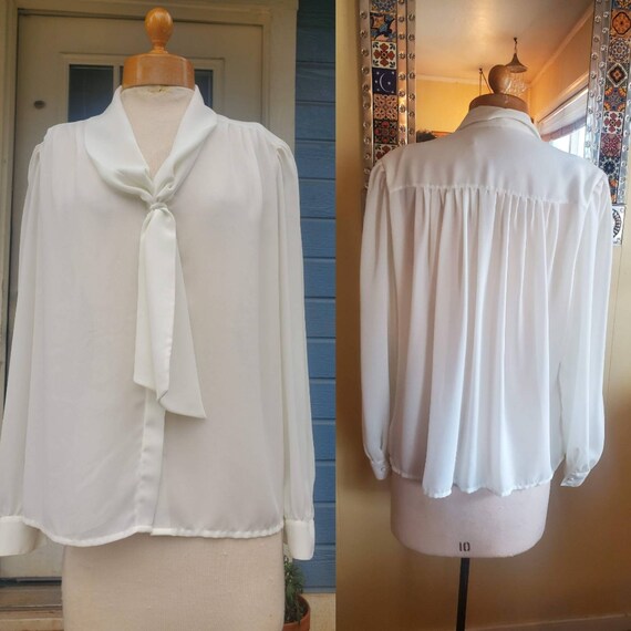 1980s white career blouse with  bow • large - image 5