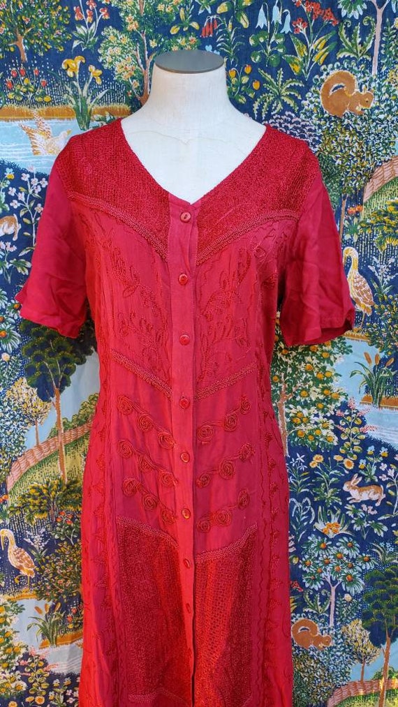 1990s embroidered red dress • medium - image 2