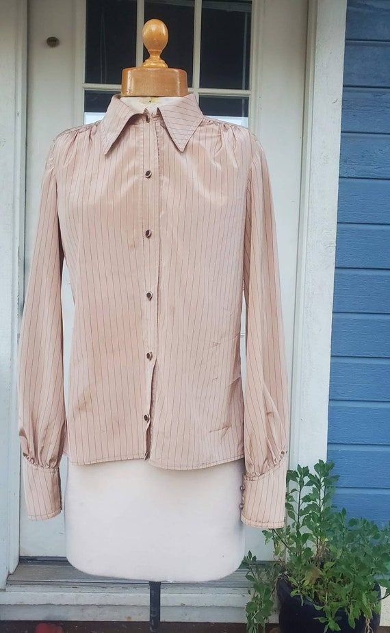 1980s beige stripped career blouse • medium - image 2