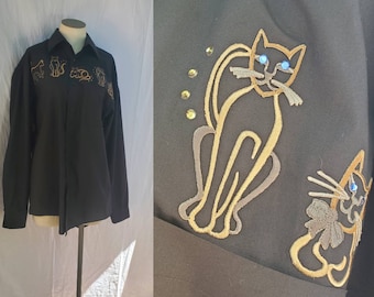 Black cat shirt embroidered vintage cat blouse with crystal embellishments • s/m