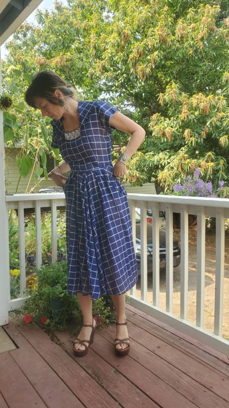 1940s blue plaid dress small image 5