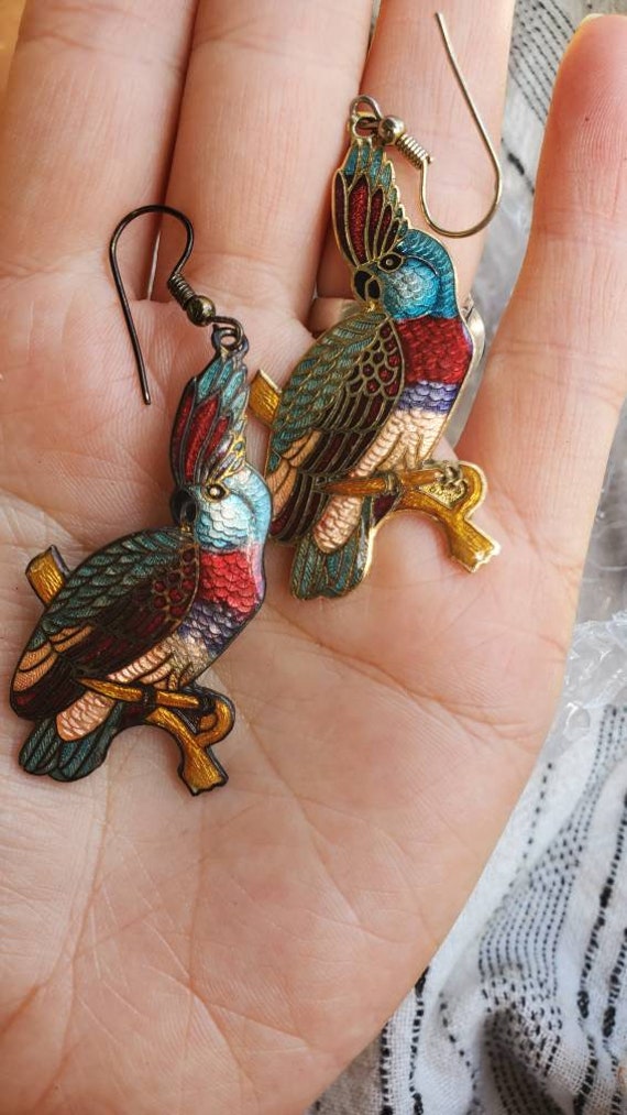 1980s Cloisonne bird earrings