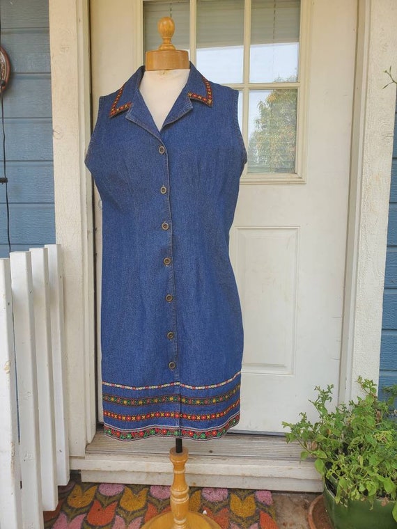 1970s denim embroidered dress • size medium - image 5