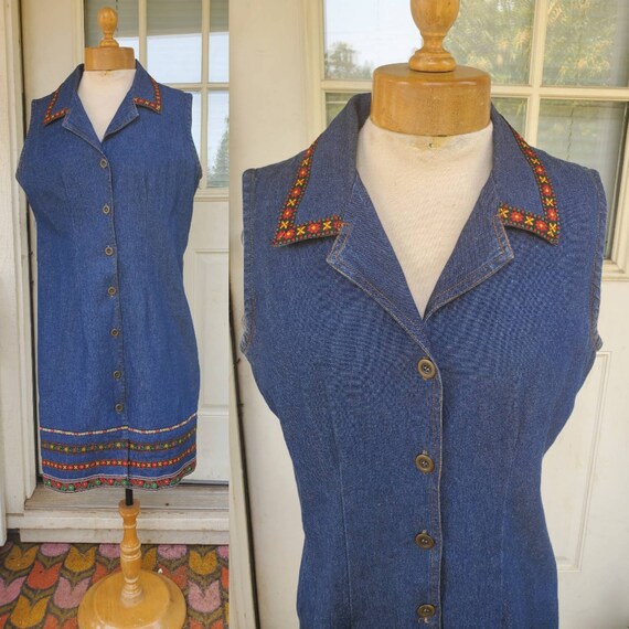 1970s denim embroidered dress • size medium - image 3