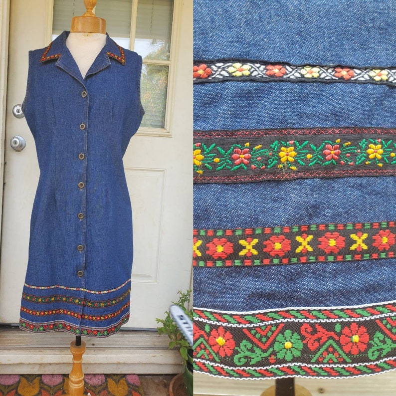 1970s denim embroidered dress size medium image 1