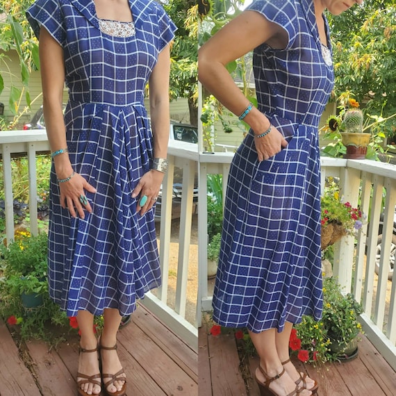 1940s blue plaid dress • small