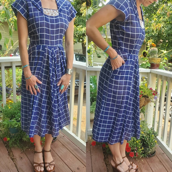 1940s blue plaid dress • small - image 2