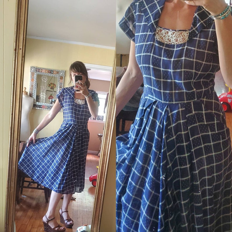 1940s blue plaid dress small image 3