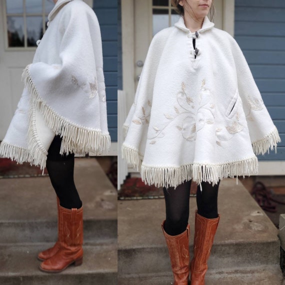 1970s White Mexican poncho embroidered poncho