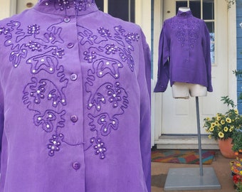 Vintage purple silk embroidered western blouse • medium