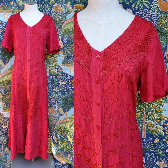 1990s embroidered red dress • medium - image 1