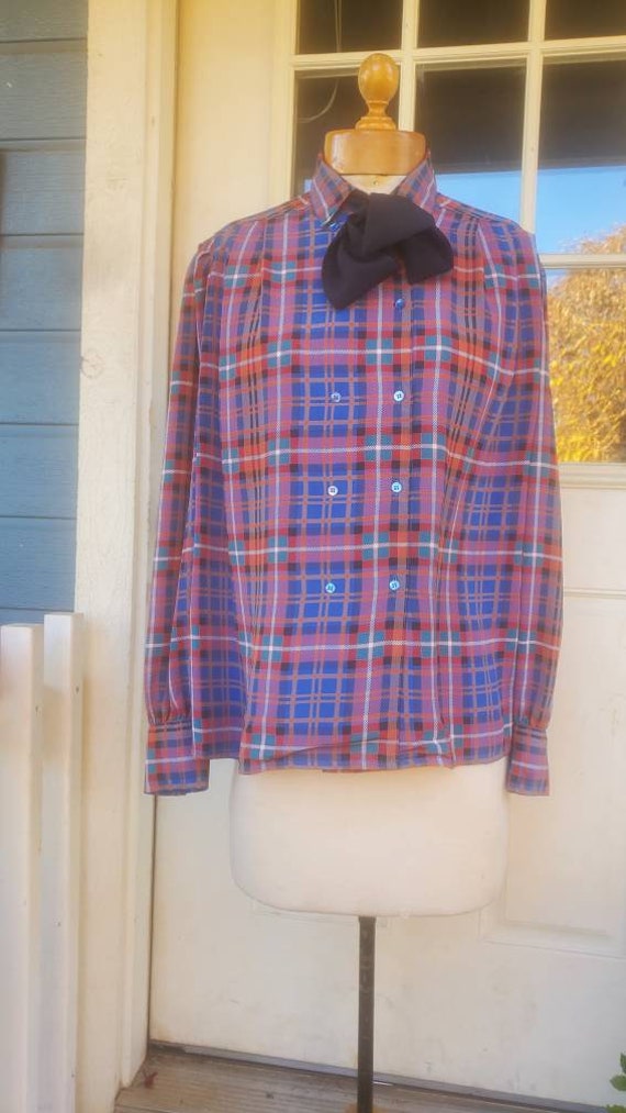 1980s plaid career blouse with pussy bow • M/L - image 3