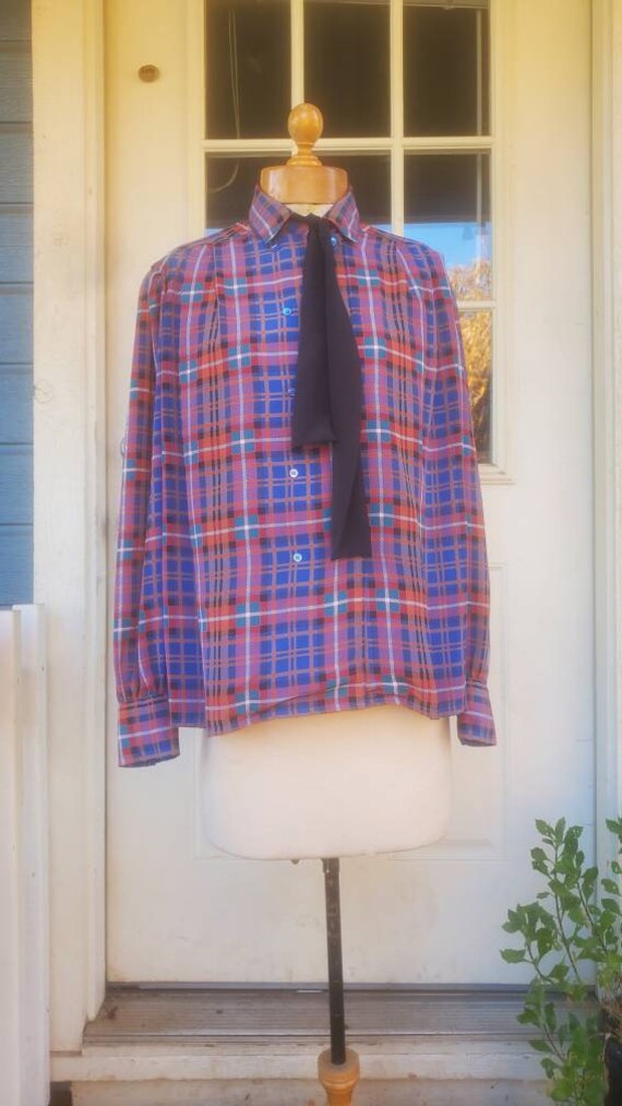 1980s plaid career blouse with pussy bow • M/L - image 4