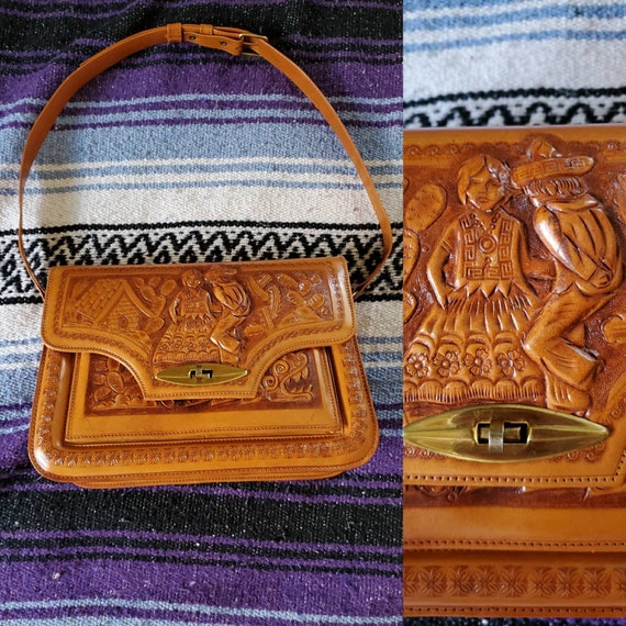 Vintage tooled leather purse Mexican leather purse