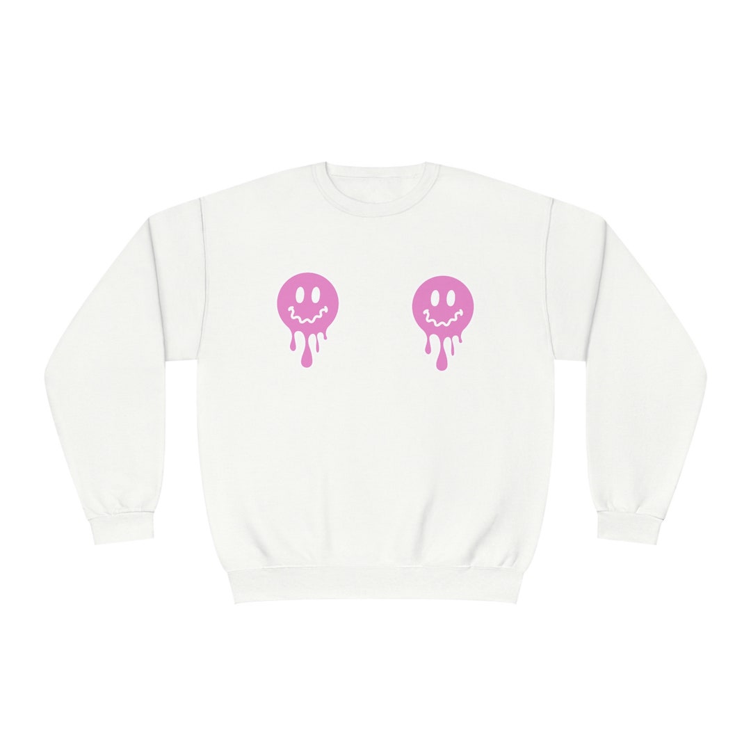 Pink Melted Smiley Crewneck Sweatshirt, Pink Smiley Face Sweatshirt