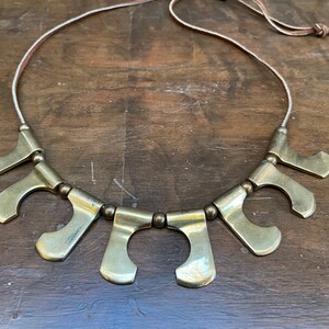 1970's Geometric Brass & Leather Adjustable Bib Necklace Very Cool image 6