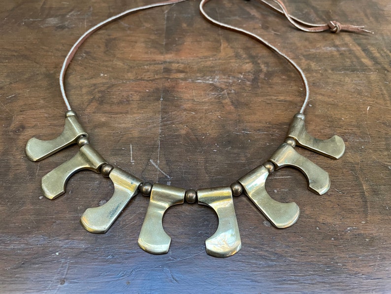 1970's Geometric Brass & Leather Adjustable Bib Necklace Very Cool image 6