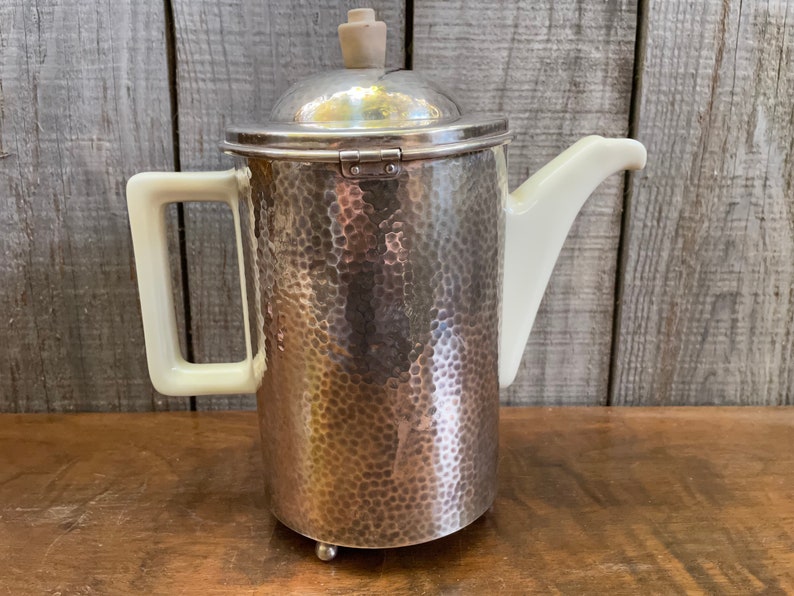 Bauscher Weiden Antique Art Deco Ceramic Teapot in a Hammered Silver Plate Teapot Cozy Stylish image 7
