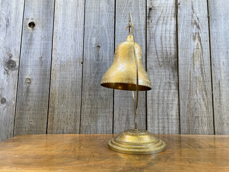 Mid Century Brass Bell Meditation Bell Large Engraved Bell on Stand Solid Brass No Mallet or Clanger image 5