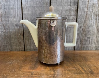 Bauscher Weiden Antique Art Deco Ceramic Teapot in a Hammered Silver Plate Teapot Cozy ~ Stylish!