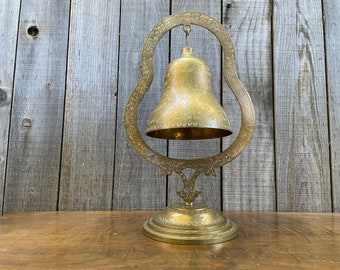 Mid Century Brass Bell~ Meditation Bell ~ Large Engraved Bell on Stand ~ Solid Brass ~ No Mallet or Clanger