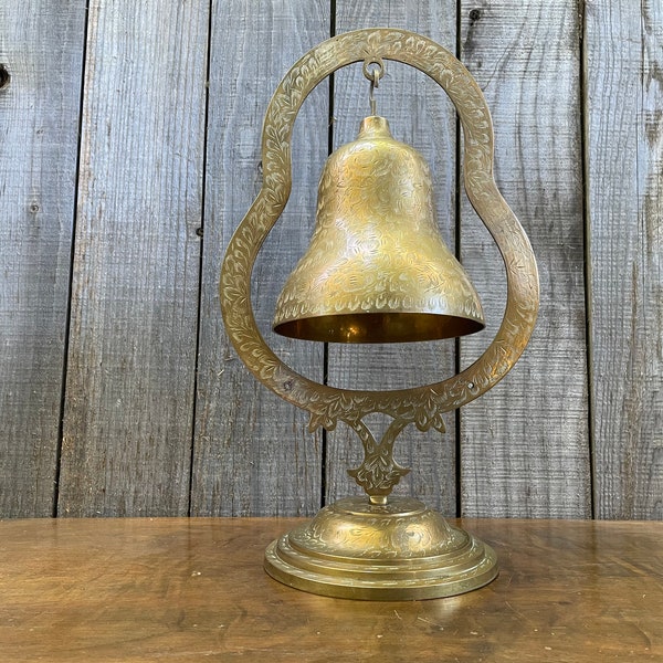 Mid Century Brass Bell~ Meditation Bell ~ Large Engraved Bell on Stand ~ Solid Brass ~ No Mallet or Clanger