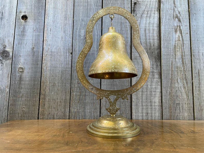 Mid Century Brass Bell Meditation Bell Large Engraved Bell on Stand Solid Brass No Mallet or Clanger image 1