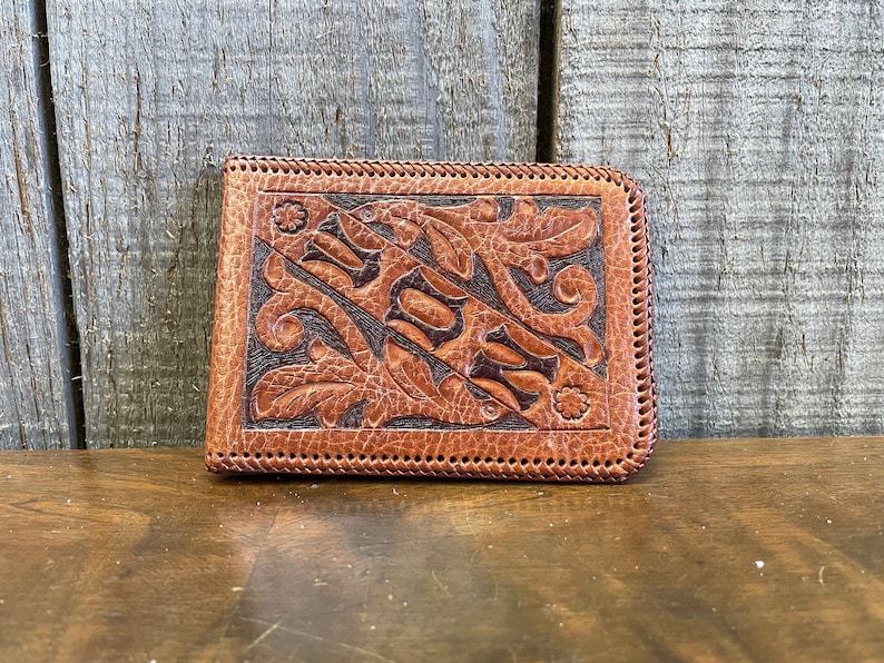 Vintage Hand Tooled Leather Wallet Pre-personalized for VON image 1