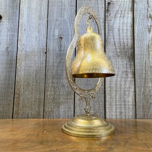 Mid Century Brass Bell Meditation Bell Large Engraved Bell on Stand Solid Brass No Mallet or Clanger image 2