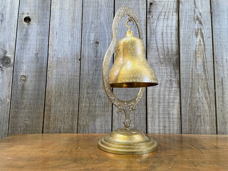 Mid Century Brass Bell Meditation Bell Large Engraved Bell on Stand Solid Brass No Mallet or Clanger image 2
