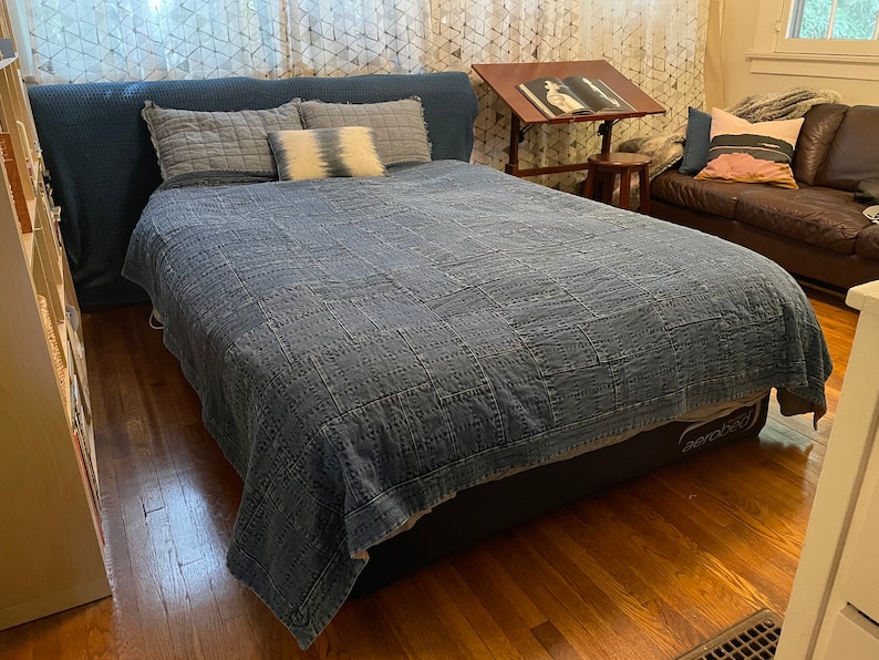 Handcrafted Reversible Washed Denim Patchwork Quilt with Cotton Stripe Backing Queen/King Amazing Find Family Heirloom image 1