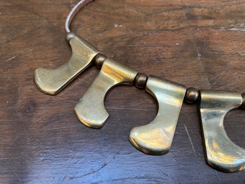 1970's Geometric Brass & Leather Adjustable Bib Necklace Very Cool image 4