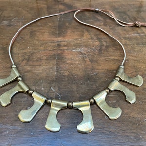 1970's Geometric Brass & Leather Adjustable Bib Necklace Very Cool image 7