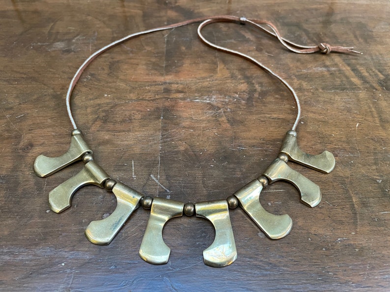 1970's Geometric Brass & Leather Adjustable Bib Necklace Very Cool image 7