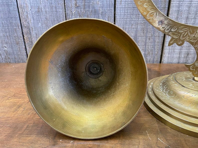 Mid Century Brass Bell Meditation Bell Large Engraved Bell on Stand Solid Brass No Mallet or Clanger image 8