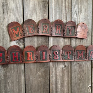 Custom Hand Tooled Leather Banner Merry Christmas One of a Kind Vintage Christmas Banner image 1