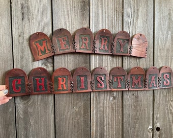 Custom Hand Tooled Leather Banner ~ Merry Christmas ~ One of a Kind Vintage Christmas Banner!