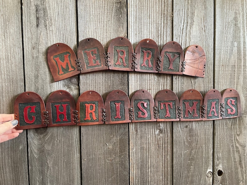 Custom Hand Tooled Leather Banner Merry Christmas One of a Kind Vintage Christmas Banner image 1