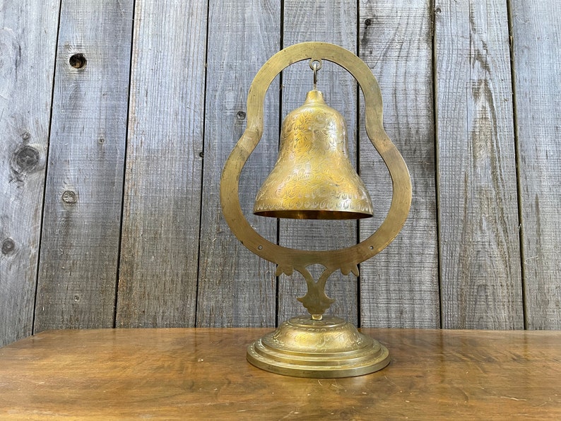 Mid Century Brass Bell Meditation Bell Large Engraved Bell on Stand Solid Brass No Mallet or Clanger image 4