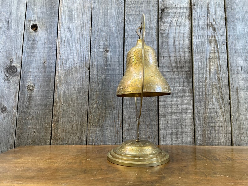 Mid Century Brass Bell Meditation Bell Large Engraved Bell on Stand Solid Brass No Mallet or Clanger image 3