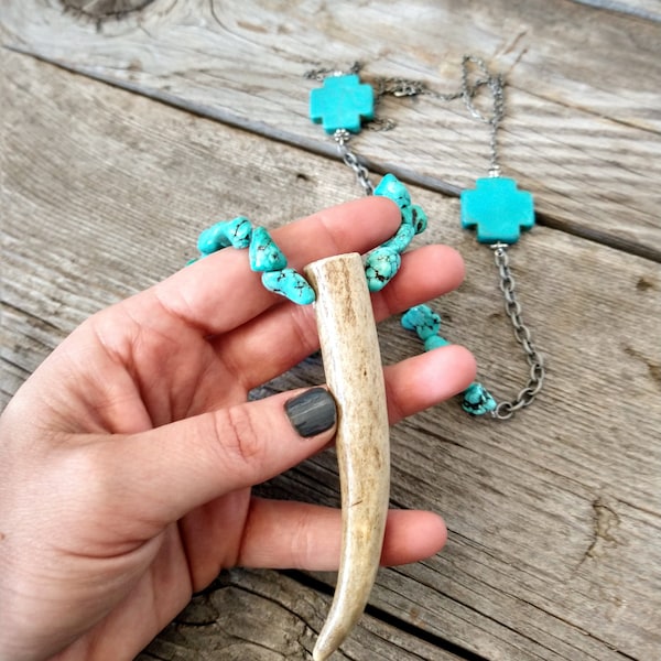 Natural Whitetail Antler Tip Statement Necklace with Genuine Turquoise Cross beads - Chunky Silver Chain - Boho Western Fashion Accessories