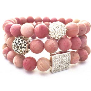 Rhodochrosite Beaded Bracelet Pink Gemstone Bracelet Heart Centered Stone Stack Bracelet Gif for Her Girlfriend Gift Mothers Day Gift image 2