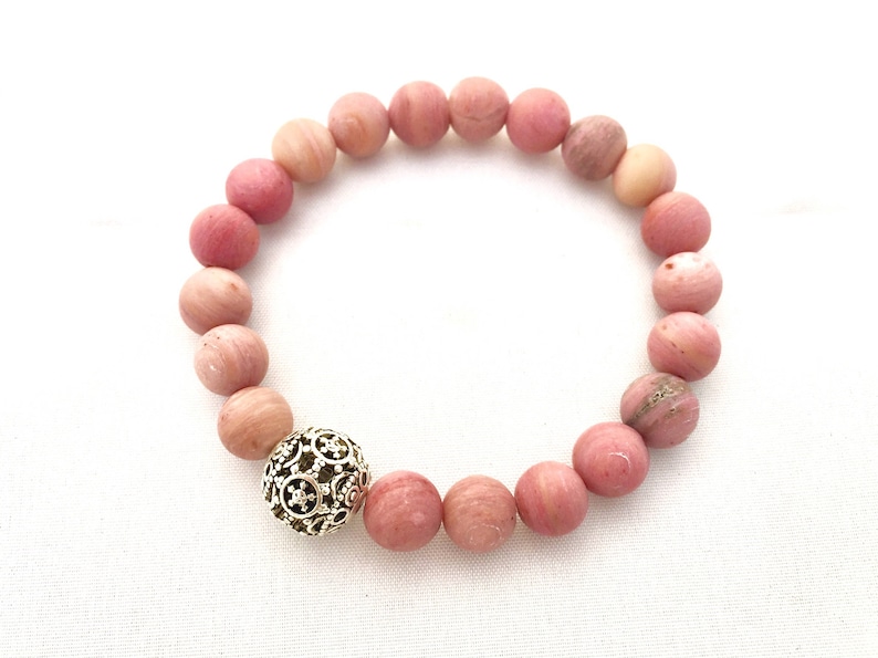 Rhodochrosite Beaded Bracelet Pink Gemstone Bracelet Heart Centered Stone Stack Bracelet Gif for Her Girlfriend Gift Mothers Day Gift image 3