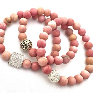 Rhodochrosite Beaded Bracelet Pink Gemstone Bracelet Heart Centered Stone Stack Bracelet Gif for Her Girlfriend Gift Mothers Day Gift image 4